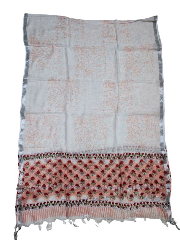 Peach Katha Work Hand Block Print Cotton Unstitched Salwar Suit Set with Linen Dupatta