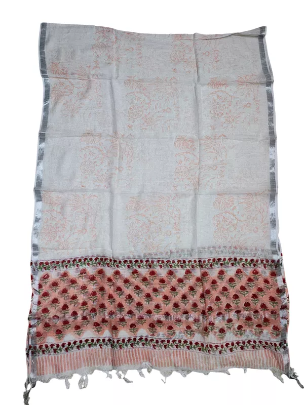 Peach Katha Work Hand Block Print Cotton Unstitched Salwar Suit Set with Linen Dupatta