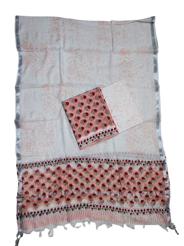 Peach Katha Work Hand Block Print Cotton Unstitched Salwar Suit Set with Linen Dupatta