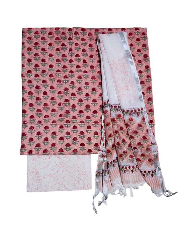 Peach Katha Work Hand Block Print Cotton Unstitched Salwar Suit Set with Linen Dupatta