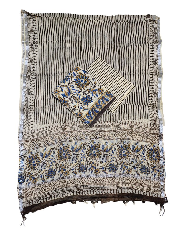 Beige & Blue Katha Work Hand Block Print Cotton Unstitched Salwar Suit Set with Linen Dupatta