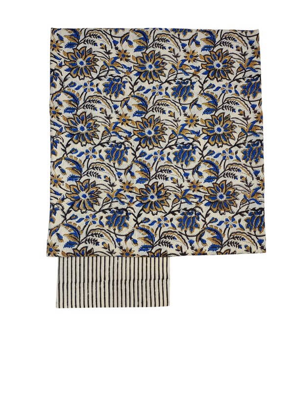 Beige & Blue Katha Work Hand Block Print Cotton Unstitched Salwar Suit Set with Linen Dupatta