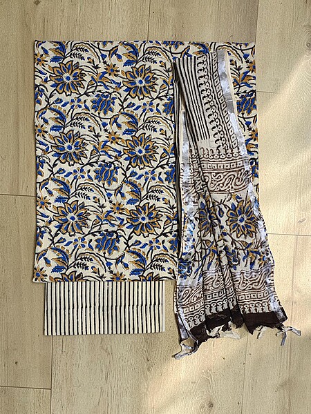 Beige & Blue Katha Work Hand Block Print Cotton Unstitched Salwar Suit Set with Linen Dupatta