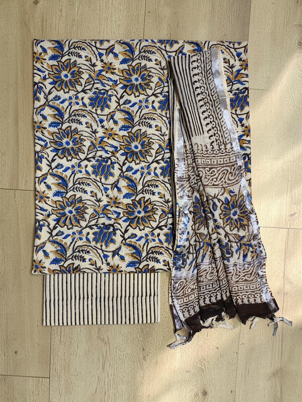 Beige & Blue Katha Work Hand Block Print Cotton Unstitched Salwar Suit Set with Linen Dupatta