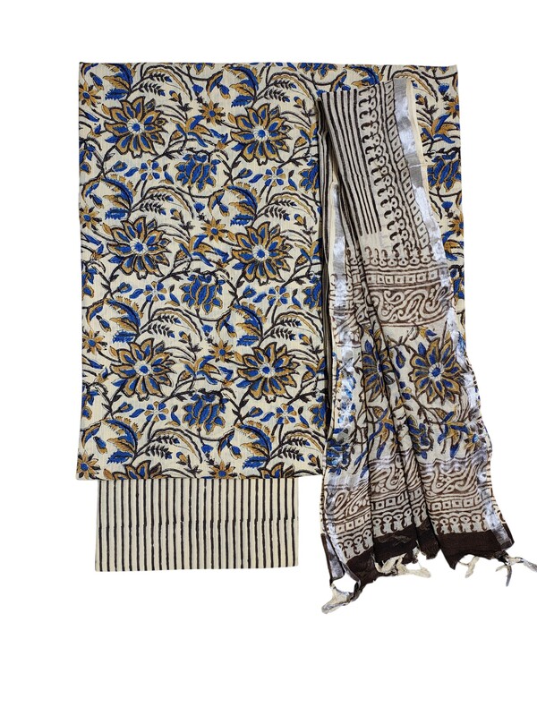 Beige & Blue Katha Work Hand Block Print Cotton Unstitched Salwar Suit Set with Linen Dupatta