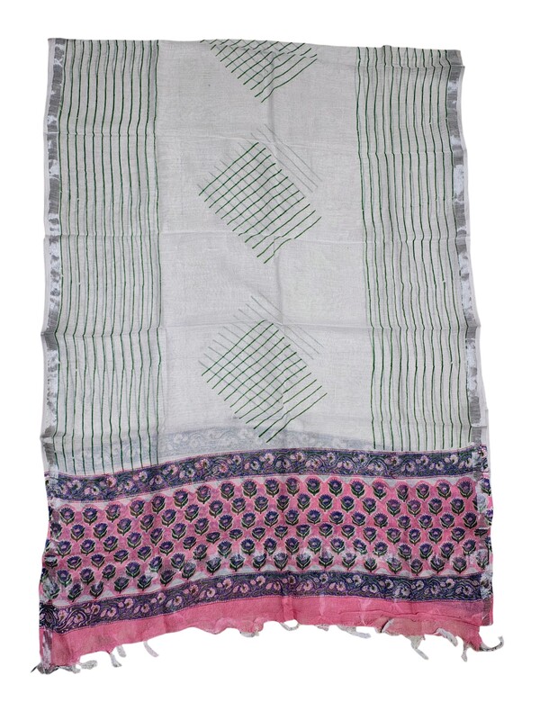 Pink Katha Work Hand Block Print Cotton Unstitched Salwar Suit Set with Linen Dupatta