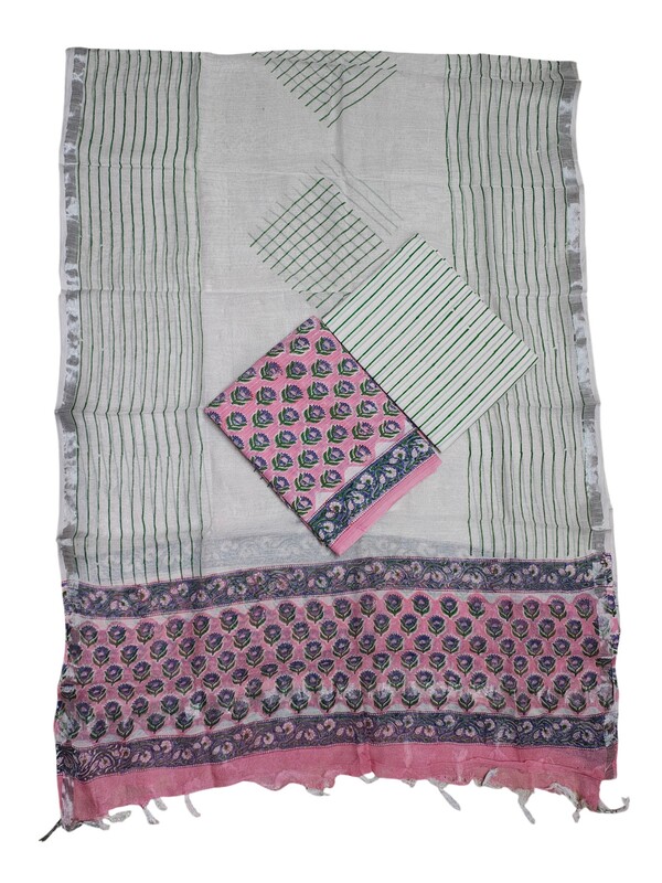 Pink Katha Work Hand Block Print Cotton Unstitched Salwar Suit Set with Linen Dupatta