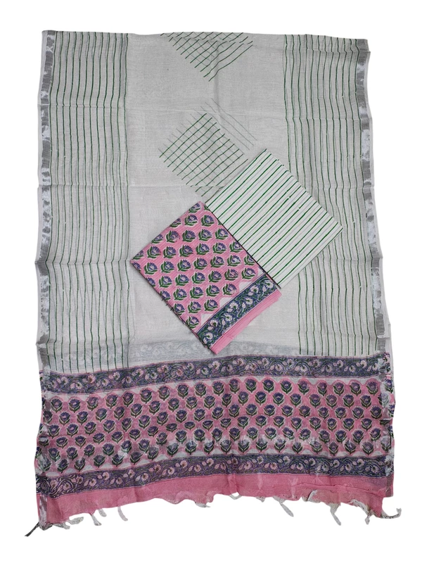 Pink Katha Work Hand Block Print Cotton Unstitched Salwar Suit Set with Linen Dupatta