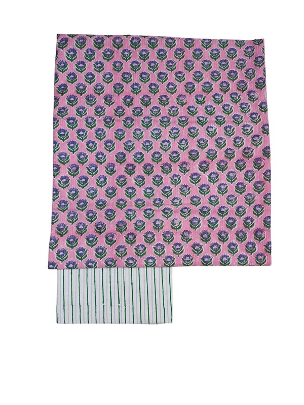 Pink Katha Work Hand Block Print Cotton Unstitched Salwar Suit Set with Linen Dupatta