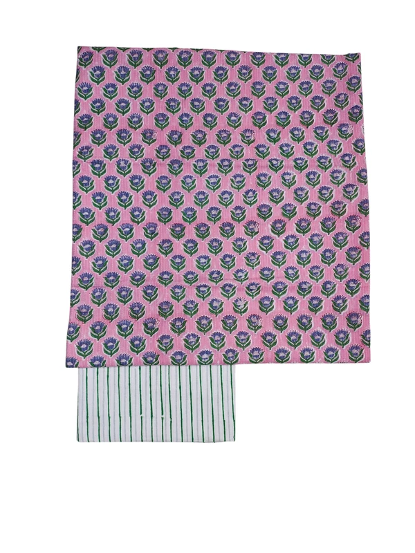 Pink Katha Work Hand Block Print Cotton Unstitched Salwar Suit Set with Linen Dupatta