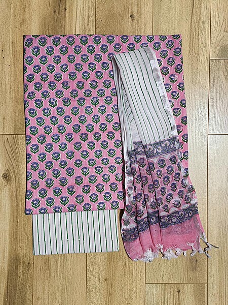 Pink Katha Work Hand Block Print Cotton Unstitched Salwar Suit Set with Linen Dupatta