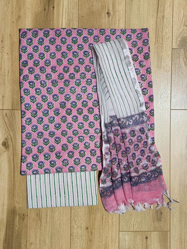 Pink Katha Work Hand Block Print Cotton Unstitched Salwar Suit Set with Linen Dupatta