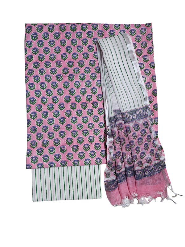 Pink Katha Work Hand Block Print Cotton Unstitched Salwar Suit Set with Linen Dupatta