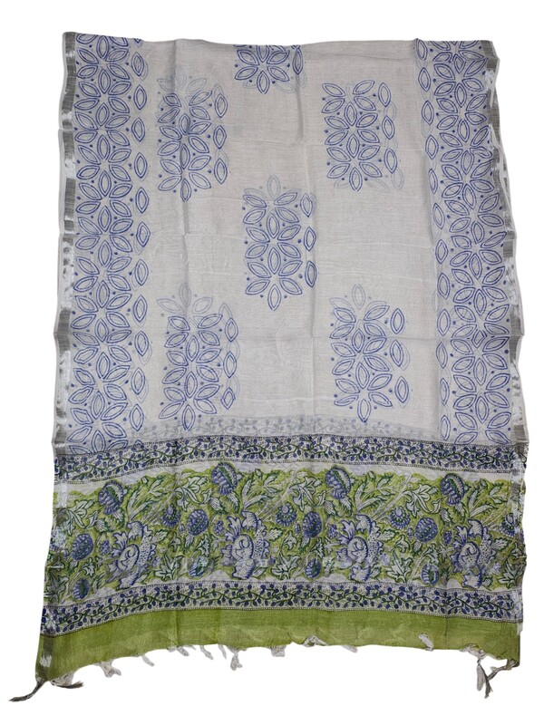 Green Katha Work Hand Block Print Cotton Unstitched Salwar Suit Set with Linen Dupatta