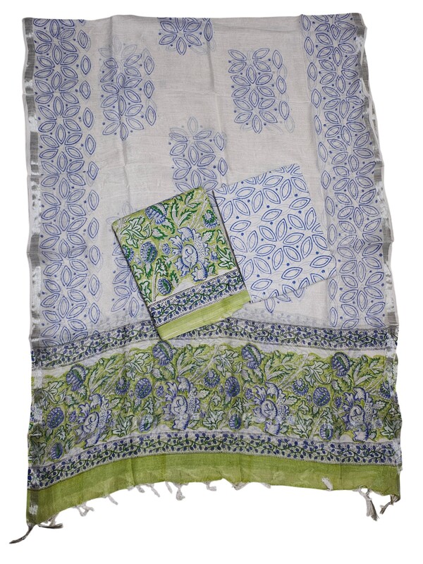 Green Katha Work Hand Block Print Cotton Unstitched Salwar Suit Set with Linen Dupatta