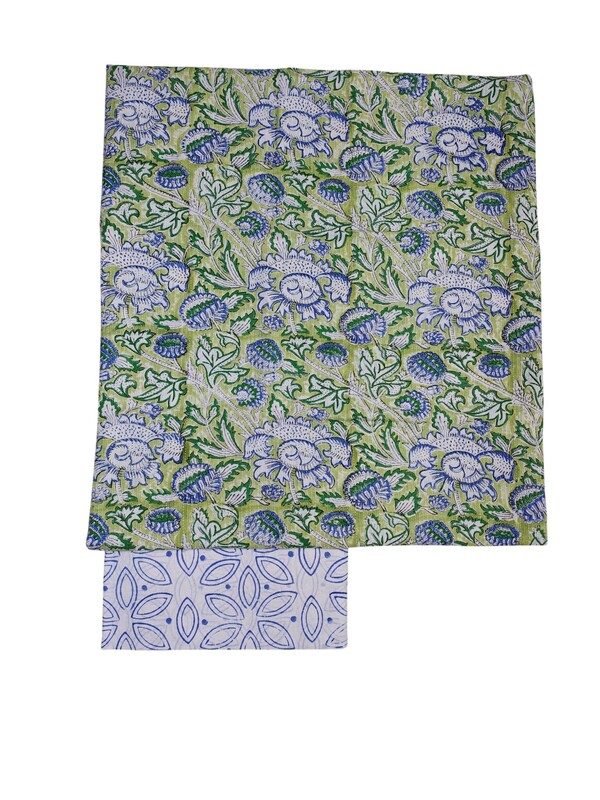 Green Katha Work Hand Block Print Cotton Unstitched Salwar Suit Set with Linen Dupatta