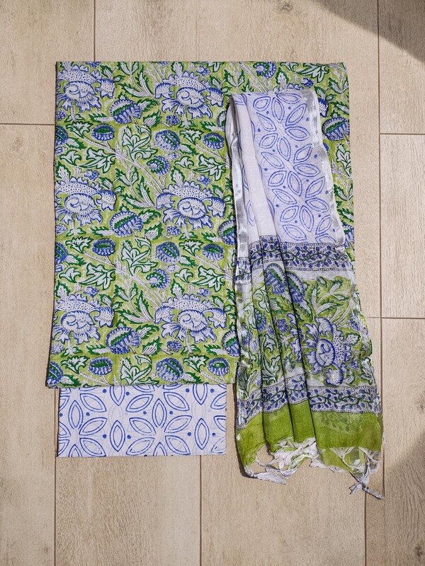 Green Katha Work Hand Block Print Cotton Unstitched Salwar Suit Set with Linen Dupatta