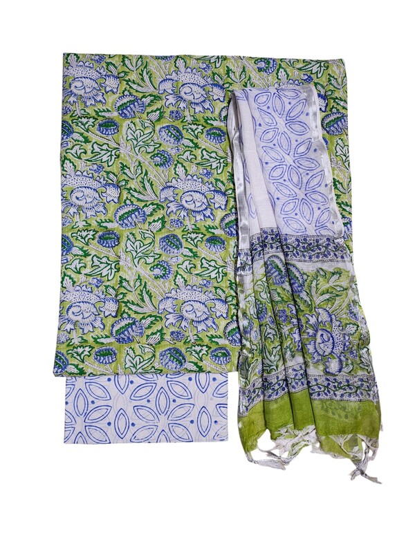 Green Katha Work Hand Block Print Cotton Unstitched Salwar Suit Set with Linen Dupatta
