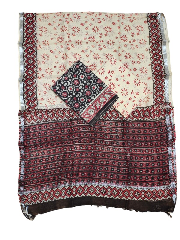 Black Katha Work Hand Block Print Cotton Unstitched Salwar Suit Set with Linen Dupatta