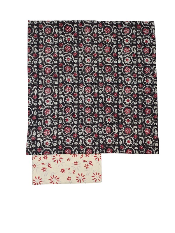 Black Katha Work Hand Block Print Cotton Unstitched Salwar Suit Set with Linen Dupatta