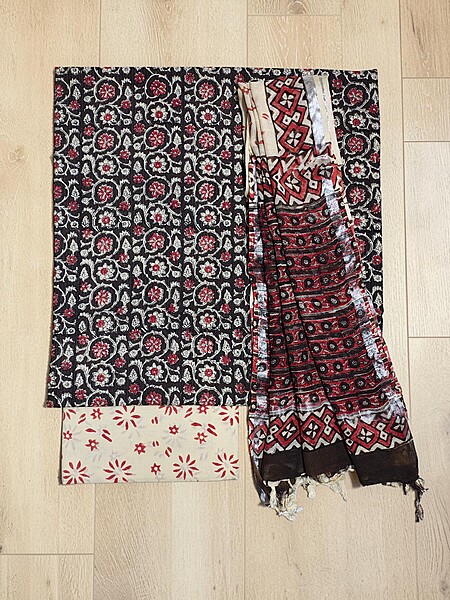 Black Katha Work Hand Block Print Cotton Unstitched Salwar Suit Set with Linen Dupatta