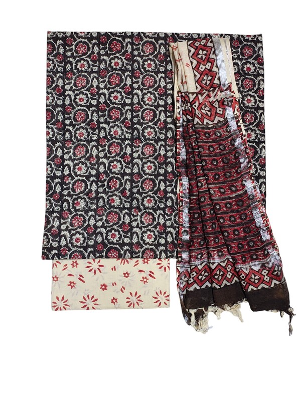 Black Katha Work Hand Block Print Cotton Unstitched Salwar Suit Set with Linen Dupatta