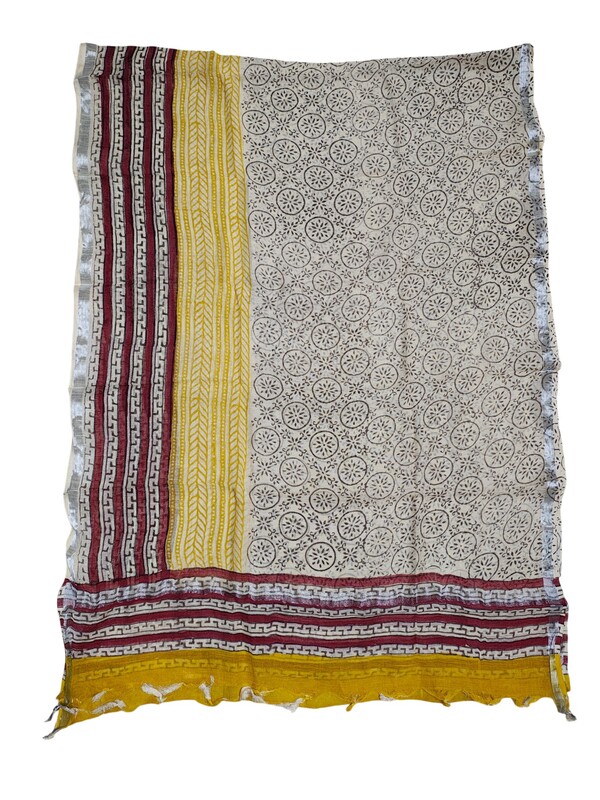 Maroon Katha Work Hand Block Print Cotton Unstitched Salwar Suit Set with Linen Dupatta