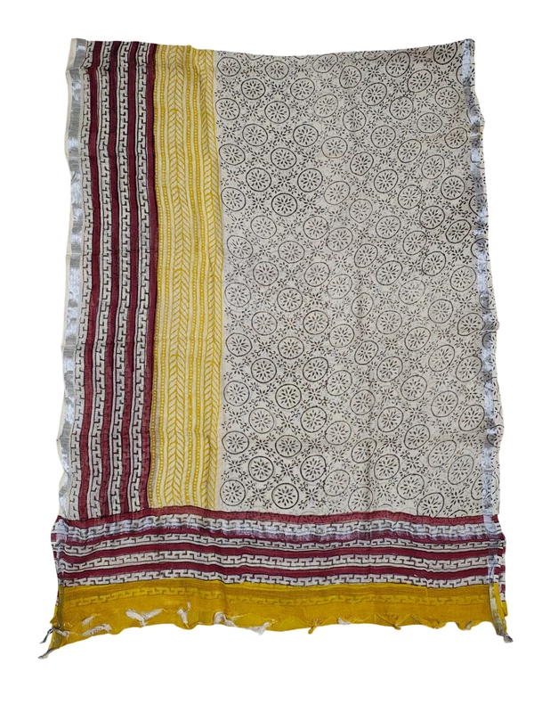 Maroon Katha Work Hand Block Print Cotton Unstitched Salwar Suit Set with Linen Dupatta