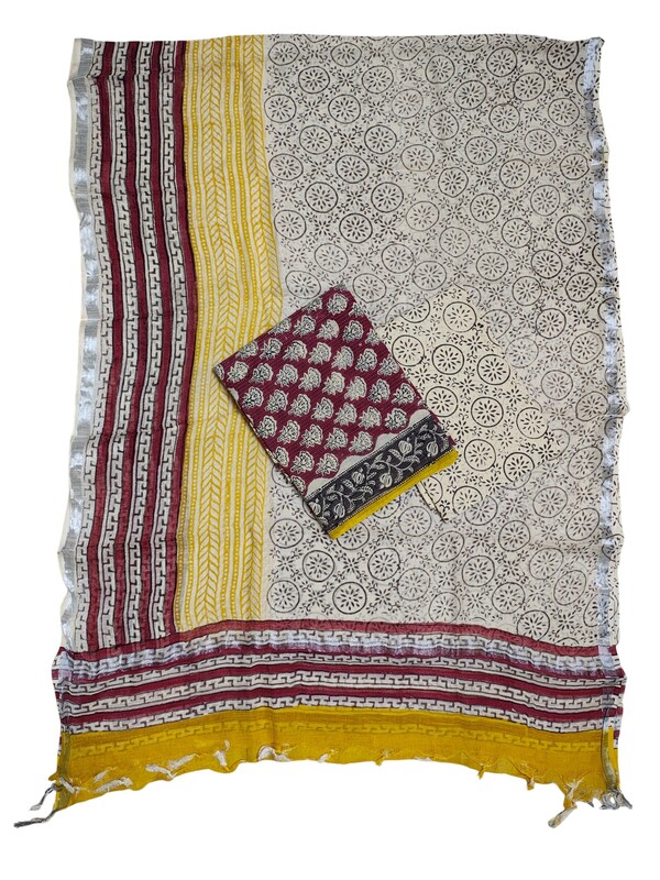 Maroon Katha Work Hand Block Print Cotton Unstitched Salwar Suit Set with Linen Dupatta