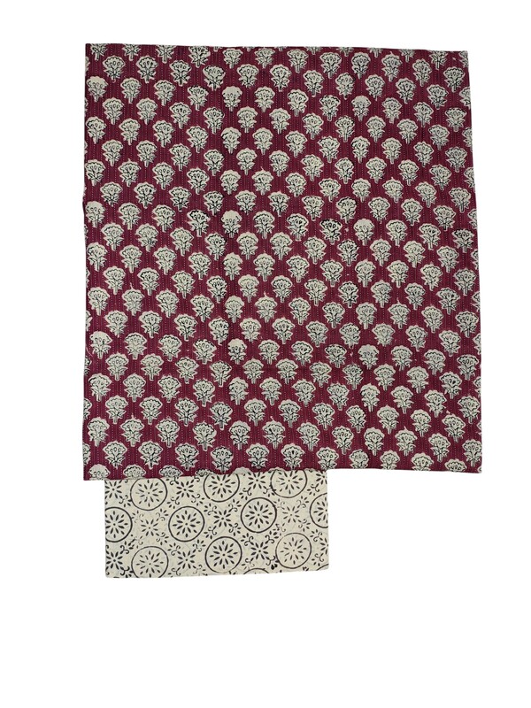 Maroon Katha Work Hand Block Print Cotton Unstitched Salwar Suit Set with Linen Dupatta