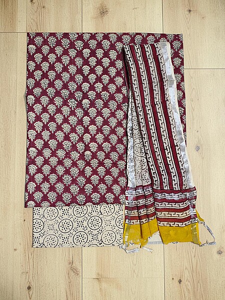 Maroon Katha Work Hand Block Print Cotton Unstitched Salwar Suit Set with Linen Dupatta