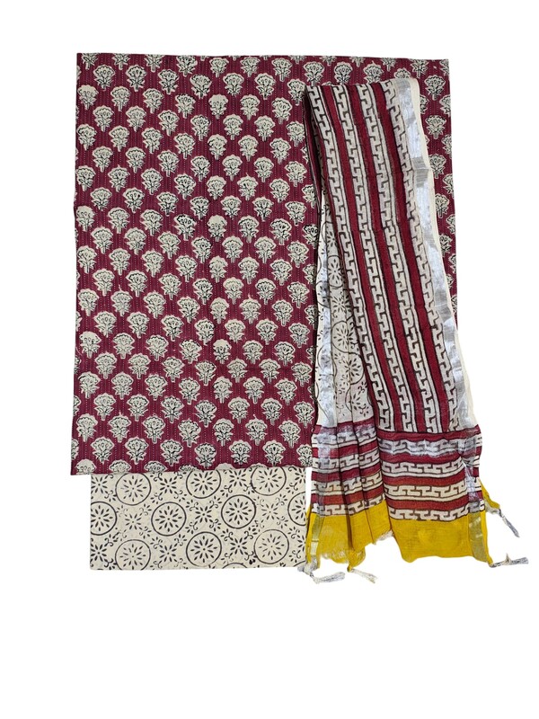 Maroon Katha Work Hand Block Print Cotton Unstitched Salwar Suit Set with Linen Dupatta