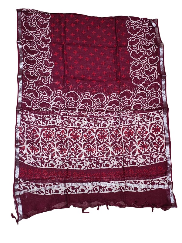 Wine Katha Work Hand Block Print Cotton Unstitched Salwar Suit Set with Linen Dupatta