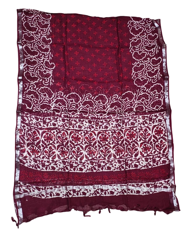 Wine Katha Work Hand Block Print Cotton Unstitched Salwar Suit Set with Linen Dupatta