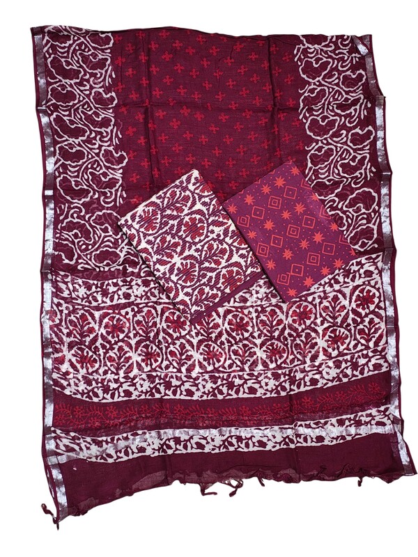 Wine Katha Work Hand Block Print Cotton Unstitched Salwar Suit Set with Linen Dupatta