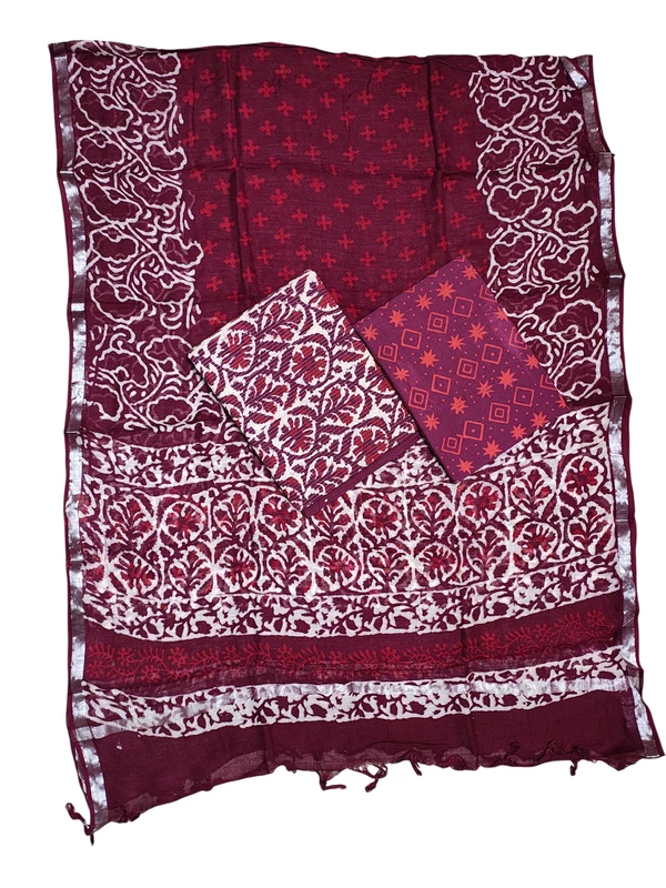 Wine Katha Work Hand Block Print Cotton Unstitched Salwar Suit Set with Linen Dupatta
