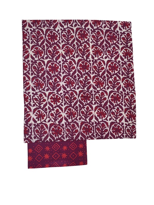 Wine Katha Work Hand Block Print Cotton Unstitched Salwar Suit Set with Linen Dupatta
