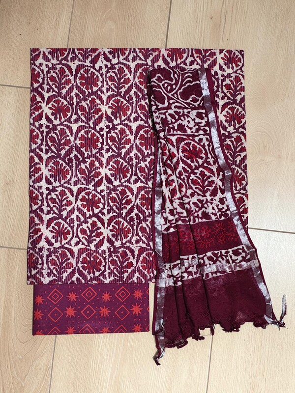 Wine Katha Work Hand Block Print Cotton Unstitched Salwar Suit Set with Linen Dupatta