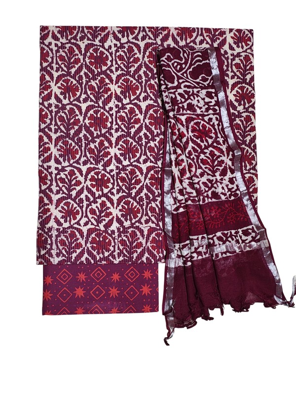 Wine Katha Work Hand Block Print Cotton Unstitched Salwar Suit Set with Linen Dupatta