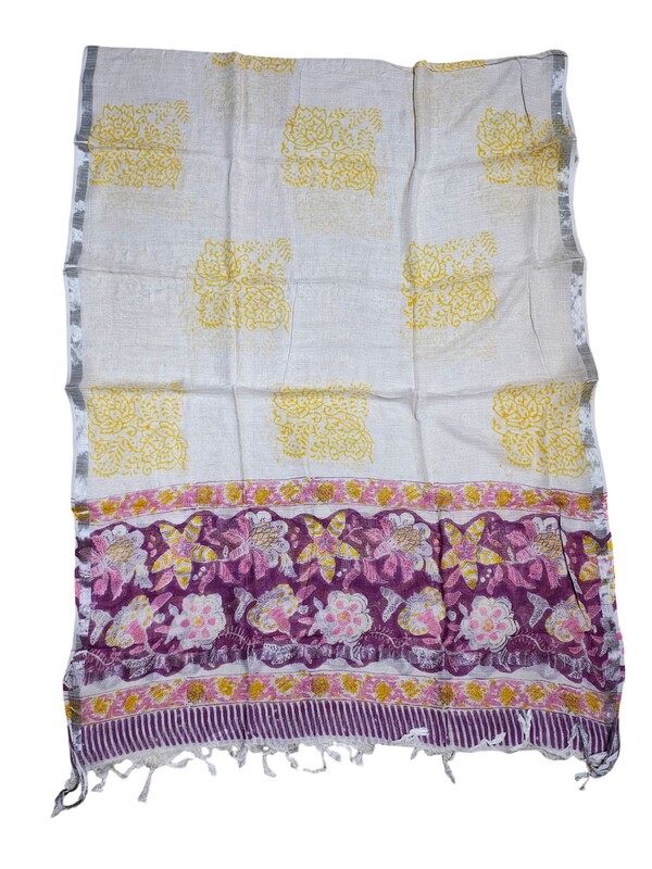 Lavender Katha Work Hand Block Print Cotton Unstitched Salwar Suit Set with Linen Dupatta