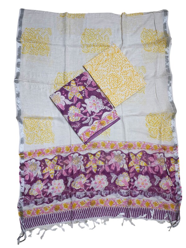 Lavender Katha Work Hand Block Print Cotton Unstitched Salwar Suit Set with Linen Dupatta