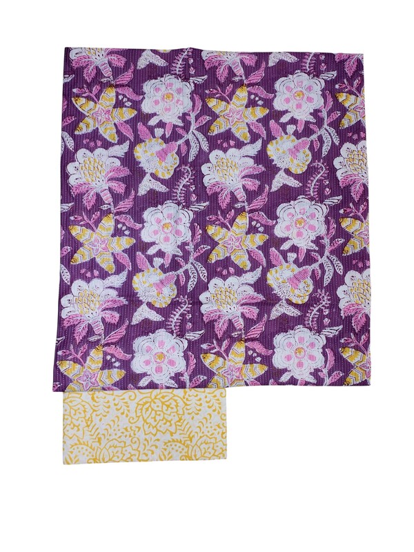 Lavender Katha Work Hand Block Print Cotton Unstitched Salwar Suit Set with Linen Dupatta