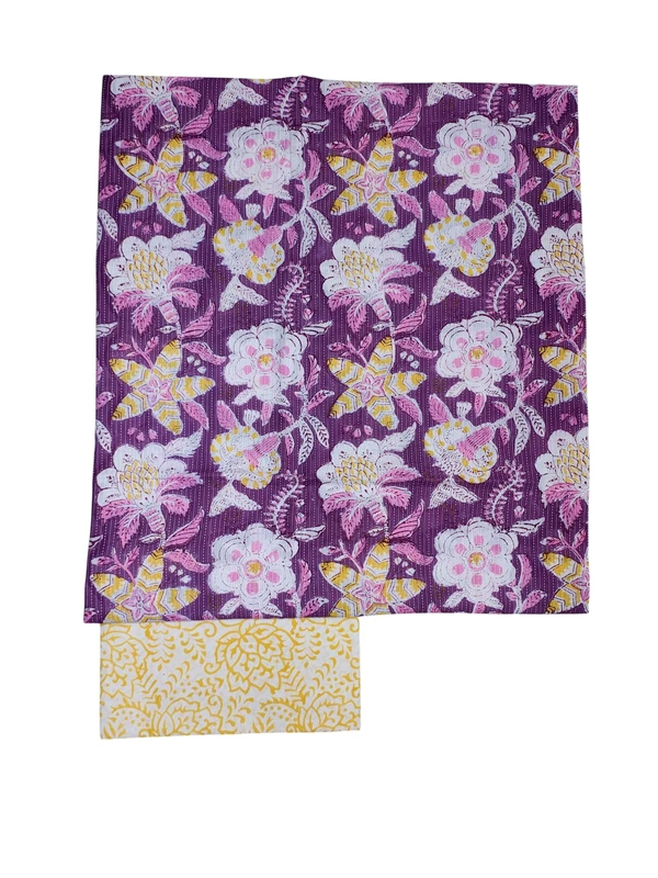 Lavender Katha Work Hand Block Print Cotton Unstitched Salwar Suit Set with Linen Dupatta