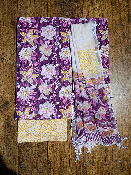 Lavender Katha Work Hand Block Print Cotton Unstitched Salwar Suit Set with Linen Dupatta