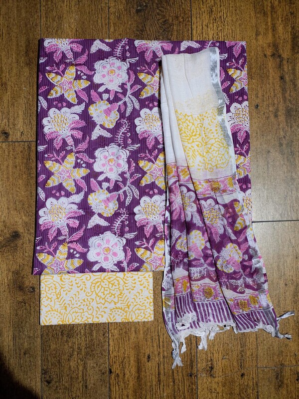 Lavender Katha Work Hand Block Print Cotton Unstitched Salwar Suit Set with Linen Dupatta