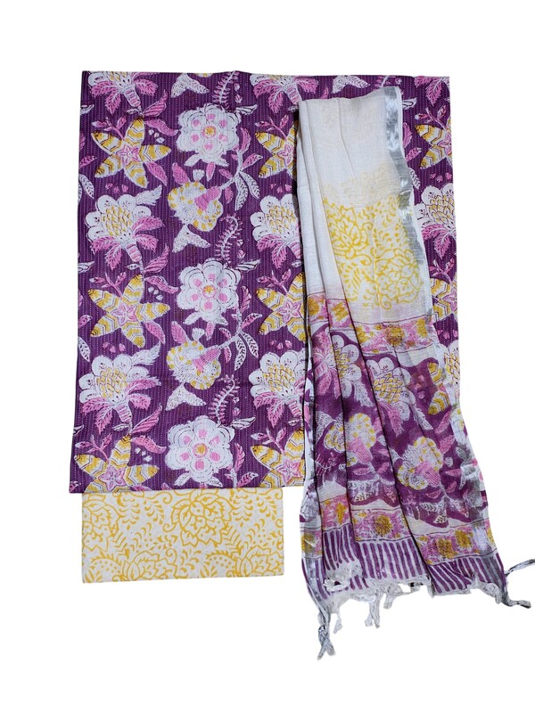 Lavender Katha Work Hand Block Print Cotton Unstitched Salwar Suit Set with Linen Dupatta