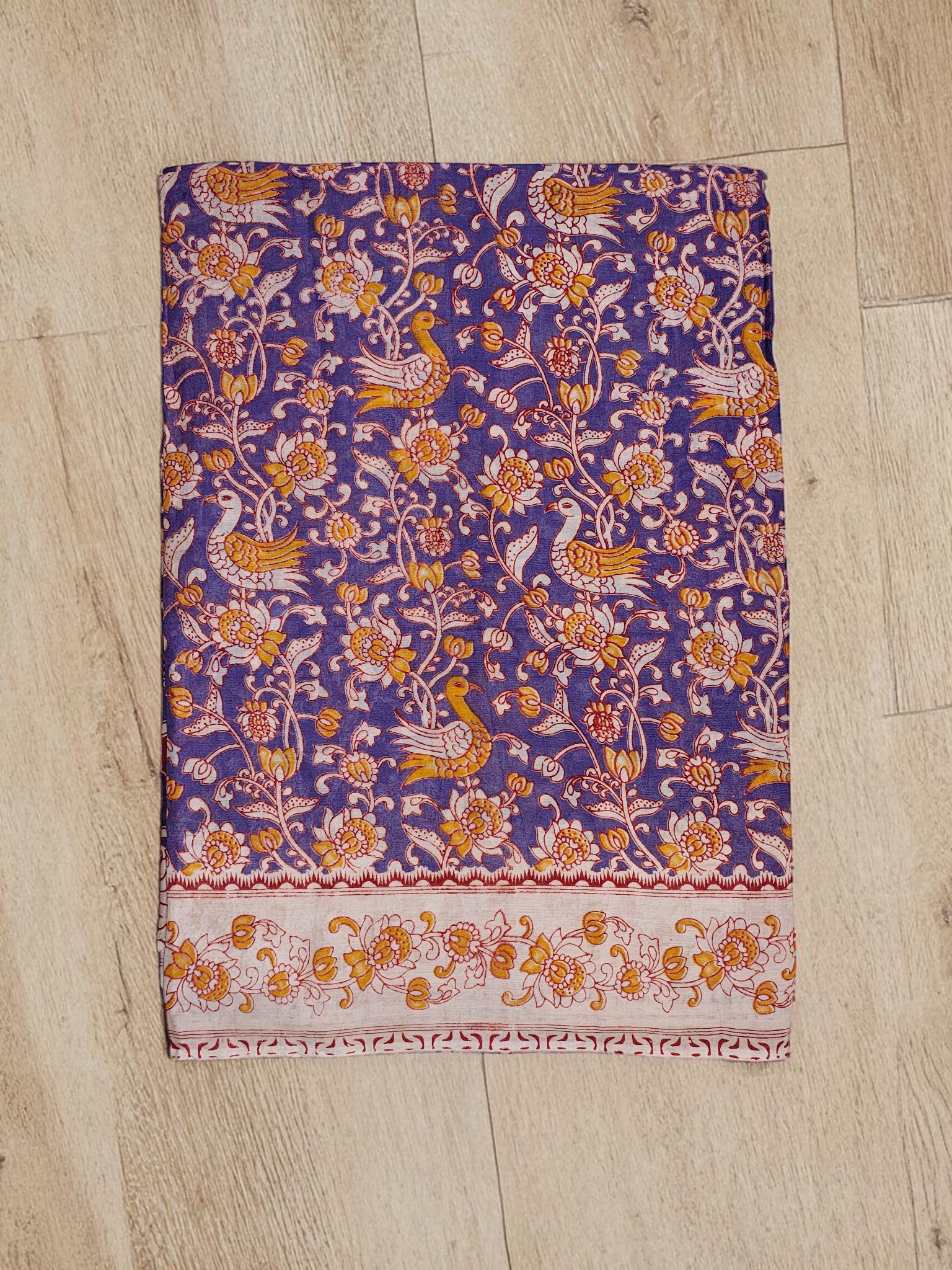 Purple & Mustard Kalamkari Block Print Pure Cotton Saree with Blouse Piece