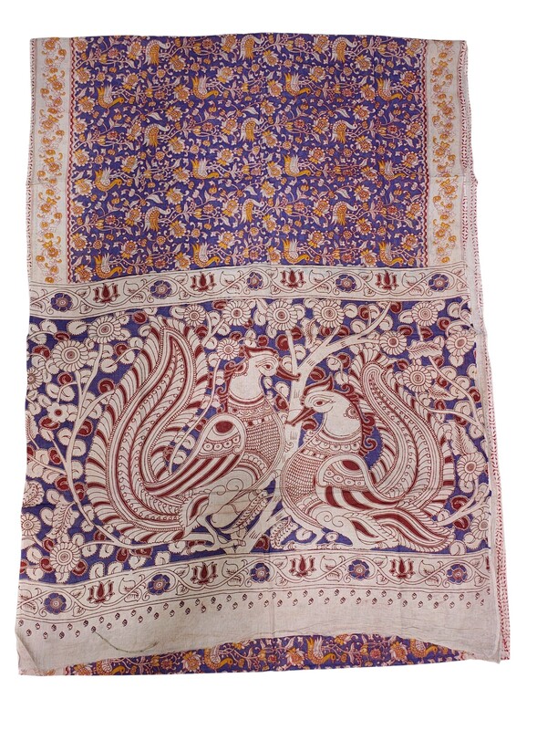 Purple & Mustard Kalamkari Block Print Pure Cotton Saree with Blouse Piece
