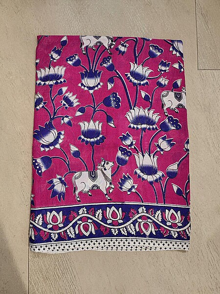 Dark Pink Kalamkari Block Print Pure Cotton Saree with Blouse Piece