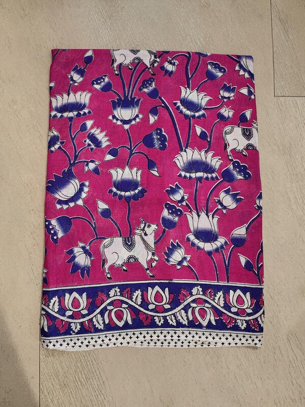 Dark Pink Kalamkari Block Print Pure Cotton Saree with Blouse Piece